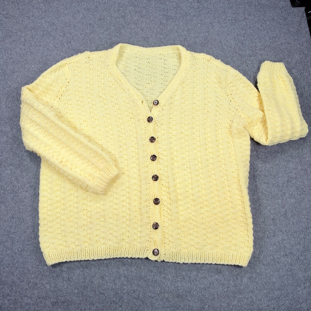 Vintage Handmade Yellow Popcorn Knit Cardigan Sweater V-Neck Button Front Large